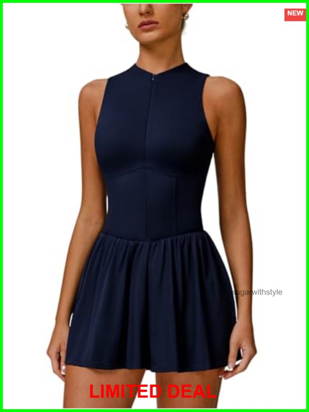 Women's Zip Front Tennis Dress High Neck Sleeveless Athletic Golf Workout Mini
